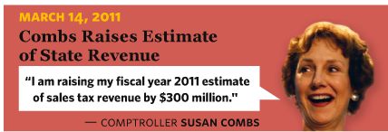 3/14/2011 Combs Raises Estimate of State Revenue  Comptroller Susan Combs I am raising my fiscal year 2011 estimate of sales tax revenue by $300 million.