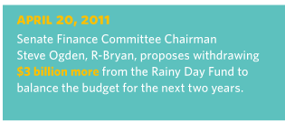  4/20/2011 Senate Finance Committee Chairman Steve Ogden, R-Bryan, proposes withdrawing $3 billion more from the Rainy Day Fund to balance the budget for the next two years.
