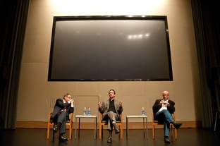 Evan Smith converses with filmmakers Lawrence Wright and Alex Gibney after the Texas premiere of "My Trip to Al-Qaeda" at the Blanton Museum.