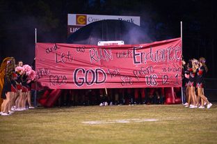 The banner displayed before the football game on Oct. 5, 2012 in Kountze, TX. The issue of whether the high school's cheerleaders can display signs with religious messages at football games has been the subject of a protracted legal fight.