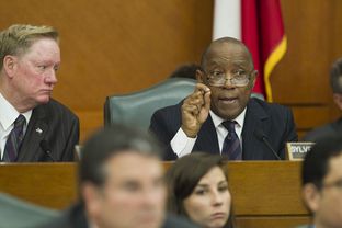 Appropriations Chairman State Rep. Jim Pitts, R-Waxahachie, l, listens as State Rep. Sylvester Turner, D-Houston, grills state auditors on CPRIT matters on Feb. 6, 2013