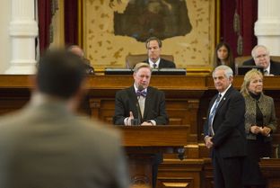 Rep. Jim Pitts R-Waxahachie, chair of the House Committee on Appropriations, listens to Rep. Trey Martinez-Fischer D-San Antonio on February 11th, 2013