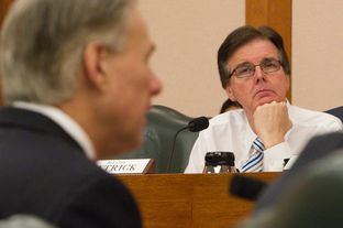Sen. Dan Patrick R-Houston, listens to Attorney General Greg Abbott during a Senate Finance Committee hearing on Feb. 5, 2013. What will the balance of power look like between the incoming lieutenant governor and governor?