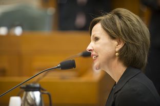 Educator Barbara Cargill answers a question from Sen Kirk Watson, D-Austin, at the Senate Nominations Committee meeting Feb. 11, 2013.