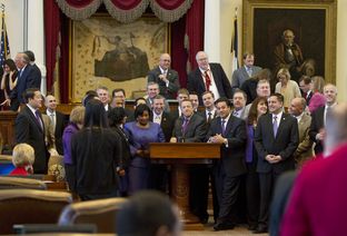 Most of the more than 40 freshman House members gather at the front mic on February 14th, 2013