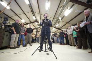 U.S. Sen. Ted Cruz speaks to LaRue Tactical employees and the press about gun rights on Feb. 19, 2013.