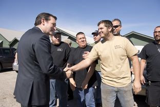 U.S. Sen. Ted Cruz, R-Texas, l, shakes hands with LaRue Tactical employees at his arrival Feb. 19, 2013 at their Leander plant.