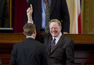 House Appropriations Chair, Rep. Jim Pitts R-Waxahachie with a big smile as he votes on House supplemental bill HB 10 on February 21st, 2013