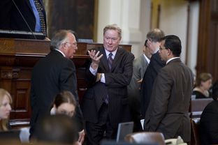 Rep. Jim Pitts, R-Waxahachie speaks with Rep. Todd Hunter R-Corpus Christi and Rep. Abel Herrero D-Robstown on House floor before voting on HB 10 February 21st, 2013