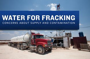 A water truck parked near a West Texas drilling rig. Oil and gas companies' use of water for hydraulic fracturing has sparked growing concerns.