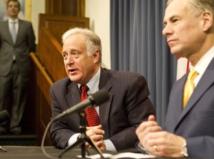 Sen. Kirk Watson D-Austin and Attorney General Greg Abbott, announce legislation to modernize the Texas Open Meetings Act on March 7th, 2013