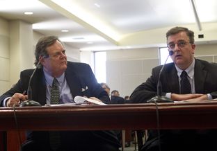 UT Law school foundation president John H. Massey, looks over to UT Law school Dean Ward Farnsworth during a House Committee hearing on Transparency in state agency operations on March 12th, 2013