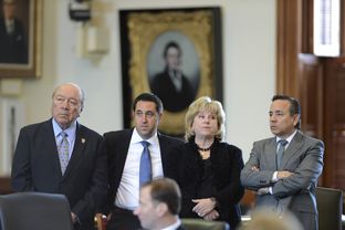 Senators Juan "Chuy" Hinojosa, D-Edinburg, l, Glenn Hegar, R-Katy, Jane Nelson, R-Flower Mound and Carlos Uresti, D-San Antonio listen to SB 1 budget debate wrap-up on March 20, 2013.