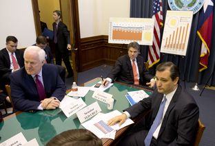 U.S. Sen John Cornyn, Gov. Rick Perry and U.S. Sen. Ted Cruz discussing Medicaid at the Capitol in April 1, 2013.