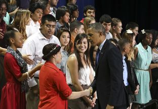 President Barack Obama greets Manor New Tech students after his remarks at the technology high school on May 9, 2013.
