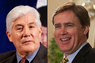 On the left is Texas Higher Education Commissioner Raymund Paredes. On the right is House Higher Education Chairman Dan Branch, R-Dallas.