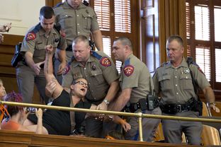 A protester who yelled out during the final vote on HB 2 the abortion bill is removed from the House gallery on July 10, 2013.