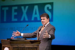 Gov. Rick Perry discusses the merger of UT-Pan American and UT-Brownsville in a speech in Brownsville on July 16, 2013.