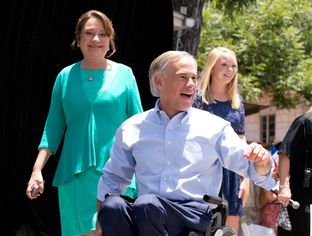 Texas Attorney General Greg Abbott on stage with his wife Cecilia and daughter Audrey moments before announcing his gubernatorial campaign, Jul, 15, 2013.