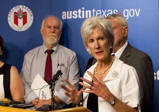 U.S. Health and Human Services Secretary Kathleen Sebelius met in Austin with leaders from the health care industry to discuss the Affordable Care Act on Aug. 8, 2013.