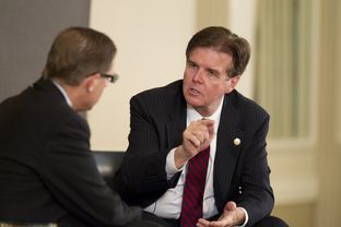 Candidate for Lt. Governor, Sen. Dan Patrick, R-Houston, makes a point to Evan Smith at TribLive on September 19, 2013.