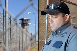 Major Michael Gruver in recreation area of Clements Unit (r) and a Guard tower near front gate of Clements Unit, Texas Department of Corrections (l).
