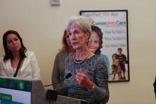 U.S. Department of Health and Human Services Secretary Kathleen Sebelius answering questions about the health care marketplace and the healthcare.gov website.