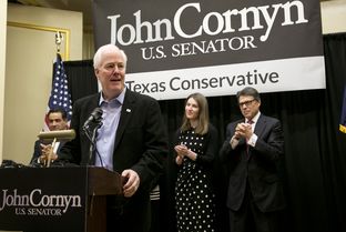 Sen. John Cornyn and Gov. Rick Perry during Cornyn's reelection campaign kickoff in Austin, Texas on November 15th, 2013