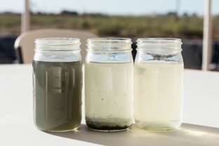 Fracking water during different stages of a purification and recycling process.