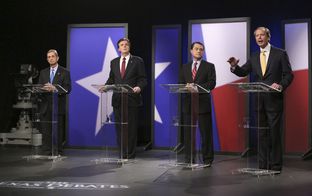 Republican candidates for lieutenant governor from left, Land Commissioner Jerry Patterson; state Sen. Dan Patrick, R-Houston; Agricultural Commissioner Todd Staples; and Lt. Gov. David Dewhurst take their places for a debate at KERA studios in Dallas on Monday, Jan. 27, 2014.