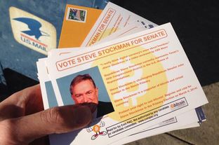 A campaign mailer from Coin PAC in support of U.S. Rep. Steve Stockman's bid for U.S. Senate. The political action committee favors candidates that support the digital currency Bitcoin.