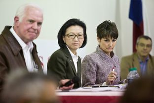 Senate District 25 candidates Mike Novak, Elise Chan, and freshman Sen. Donna Campbell wait to respond to a panel question at a Republican debate in Wimberley, Feb. 5, 2014.