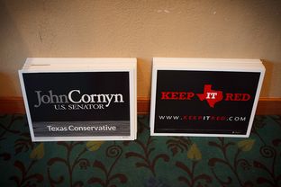 Cornyn campaign signs available at the Galveston County Republican Party's annual Liconln dinner in League City, Texas Saturday, February 15, 2014.