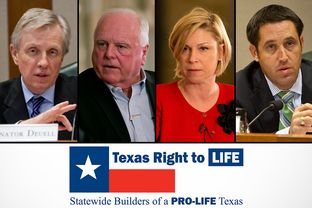 Sen. Bob Deuell, far left, and state Rep. Sarah Davis, center right, have been targeted by Texas Right to Life. Agriculture commissioner candidate Sid Miller, center left, and comptroller candidate Glenn Hegar, right, both heavily promoted their anti-abortion stance on the campaign trail.