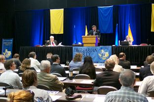 Chairman Pat Dixon presiding at the Libertarian Party of Texas state convention in Temple on April 12, 2014.