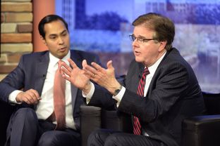 Sen. Dan Patrick, r, and San Antonio Mayor Julian Castro debate immigration at Univision on April 15, 2014.