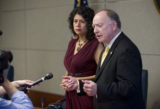 House Committee on Transparency in State Agency Operations chairs Carol Alvarado, D-Houston and Dan Flynn, R-Canton, explain the 7-1 vote to recommend drawing up articles of impeachment against UT Regent Wallace Hall, Jr. on May 12, 2014.