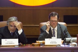 UT System Chancellor Dr. Francisco Cigarroa and Board of Regents Chairman Paul L. Foster as UT Regents study tuition increases on May 14, 2014.