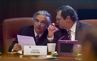 UT System Chancellor Dr. Francisco Cigarroa listens to Board of Regents Chairman Paul L. Foster at the meeting on May 14, 2014.