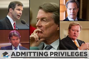Clockwise, from top left: State Rep. David Simpson, R-Longview; University of Texas at Austin President Bill Powers; House Speaker Joe Straus; state Rep. Jim Pitts, R-Waxahachie; and University of Texas System Regent Wallace Hall.