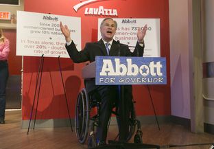 Republican Gubernatorial candidate, Attorney General Greg Abbott, speaks to crowd at Lavazza Coffee House on Congress Avenue, a few blocks away from Paramount Theater where President Obama was scheduled to speak later in the day. July 10th, 2014