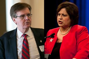 State Sen. Dan Patrick, the Republican candidate for lieutenant governor, speaks at the Texas Business Roundtable candidate forum on Jan. 14, and state Sen. Leticia Van de Putte, the Democratic nominee, addresses delegates at the 2014 Texas Democratic Convention on June 27.