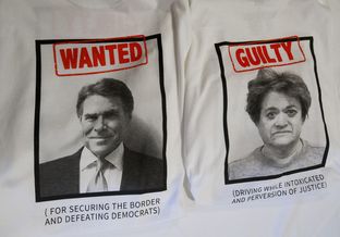 Front and back of T-shirts with Gov. Rick Perry and District Attorney Rosemary Lehmberg mugshots, provided by RickPAC at a Manchester, N.H. event on Friday.
