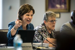 State Board of Education Chair Barbara Cargill questions textbook publishers on the contents of their publications at a meeting in Austin on Monday, October 20, 2014.