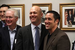 Glenn Hegar (far right) stands with chief revenue estimators past and future. From left: Dale Craymer, Billy Hamilton and Tom Currah, the incoming estimator.