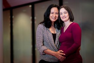 Cleopatra De Leon and Nicole Dimetman, plaintiffs in the Texas same-sex marriage lawsuit, pose before a a town hall discussion about the upcoming hearing before the U.S. Fifth Circuit Court of Appeals.