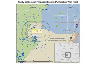 Electro Purification's wells (the yellow dots on the map) are outside any regulator's purview. They're also near many other wells that depend on the Trinity Aquifer (the blue and green dots).