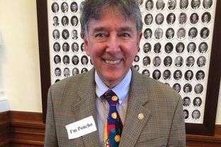 State Rep. Elliott Naishtat, D-Austin, wearing an "I'm Poncho" sticker on Jan. 28, 2015 after fellow Rep. Alfonso "Poncho" Nevárez, D-Eagle Pass, was the target of threats and racial slurs from some gun advocates.