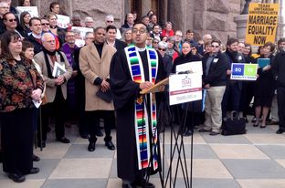 The Rev. Michael Diaz of Resurrection Metropolitan Community Church in Houston at a gay rights rally at the Texas Capitol on Feb. 17, 2015.