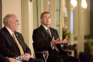 State Sen. Robert Nichols R-Jacksonville, and state Rep. Joe Pickett, D-El Paso, speak at a Texas Tribune event on April 7, 2015.